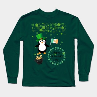 Happy St Patrick's Day Penguin With Pot of Gold and Irish Flag Long Sleeve T-Shirt